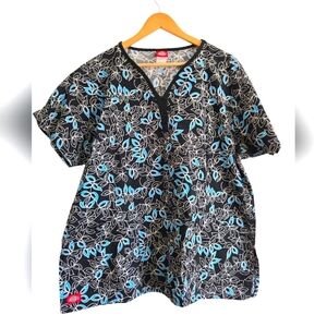 Dickies Black Scrub Top with Blue and White Leaf Pattern Size 2XL